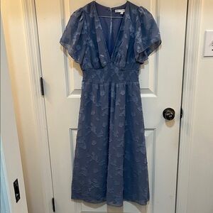 Baltic Born Dusty Blue Floral Midi Dress with Flutter Sleeves